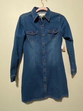 Denim Shirt Dress - Dark Blue Button-Front